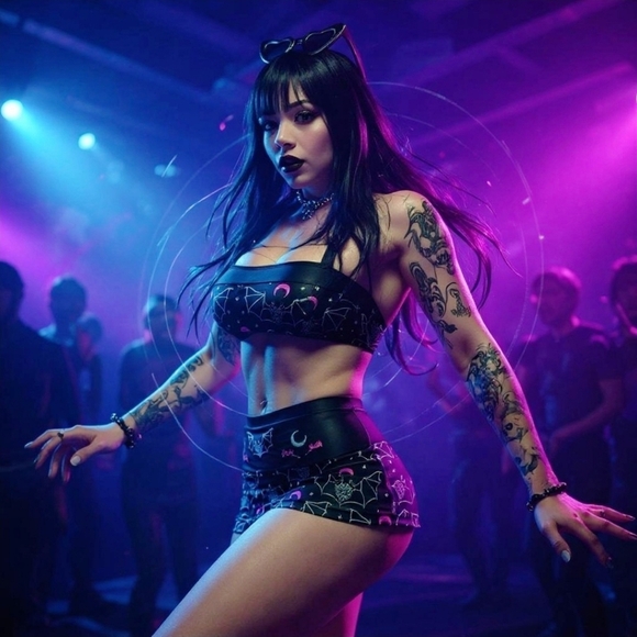 Too Fast ✦ Two-Headed Bat Skirted Bikini ✦ Retro Goth Swim Set w/ Pink Moons S - Picture 4 of 11